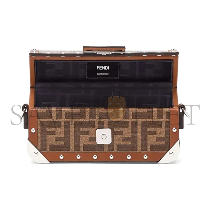FENDI BAGUETTE TRUNK BAG ZUCCA COATED CANVAS MINI BROWN 7VA507A8V3F18AT (19*11*4cm)